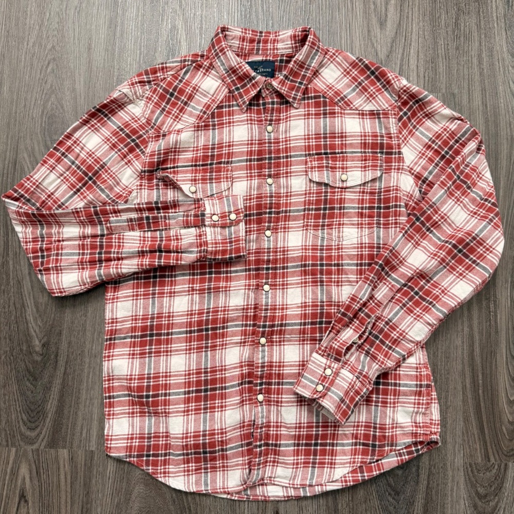 Lucky Brand Mens Plaid Flannel Western Snap Button Shirt Red White M - Picture 2 of 8